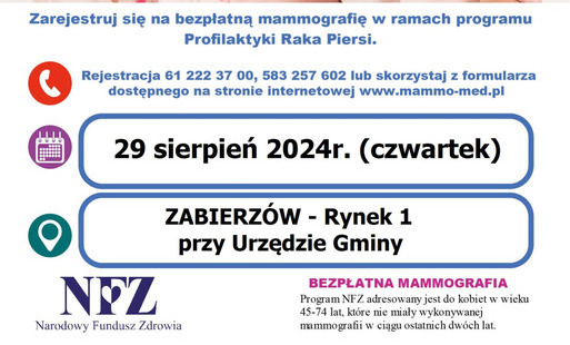 Zdjęcie do Bezpłatna mammografia w Zabierzowie &ndash; 29.08.2024 r.