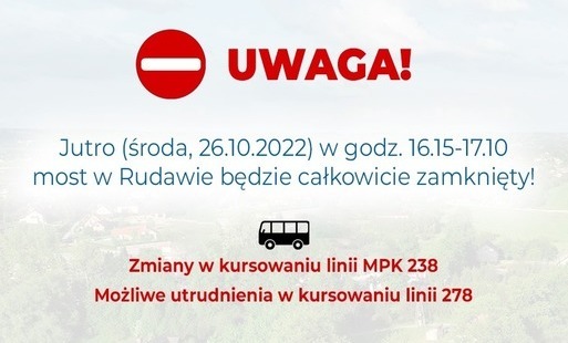 Zdjęcie do Jutro (środa, 26.10.2022) w godz. 16.15-17.10 most w Rudawie będzie całkowicie zamknięty! 