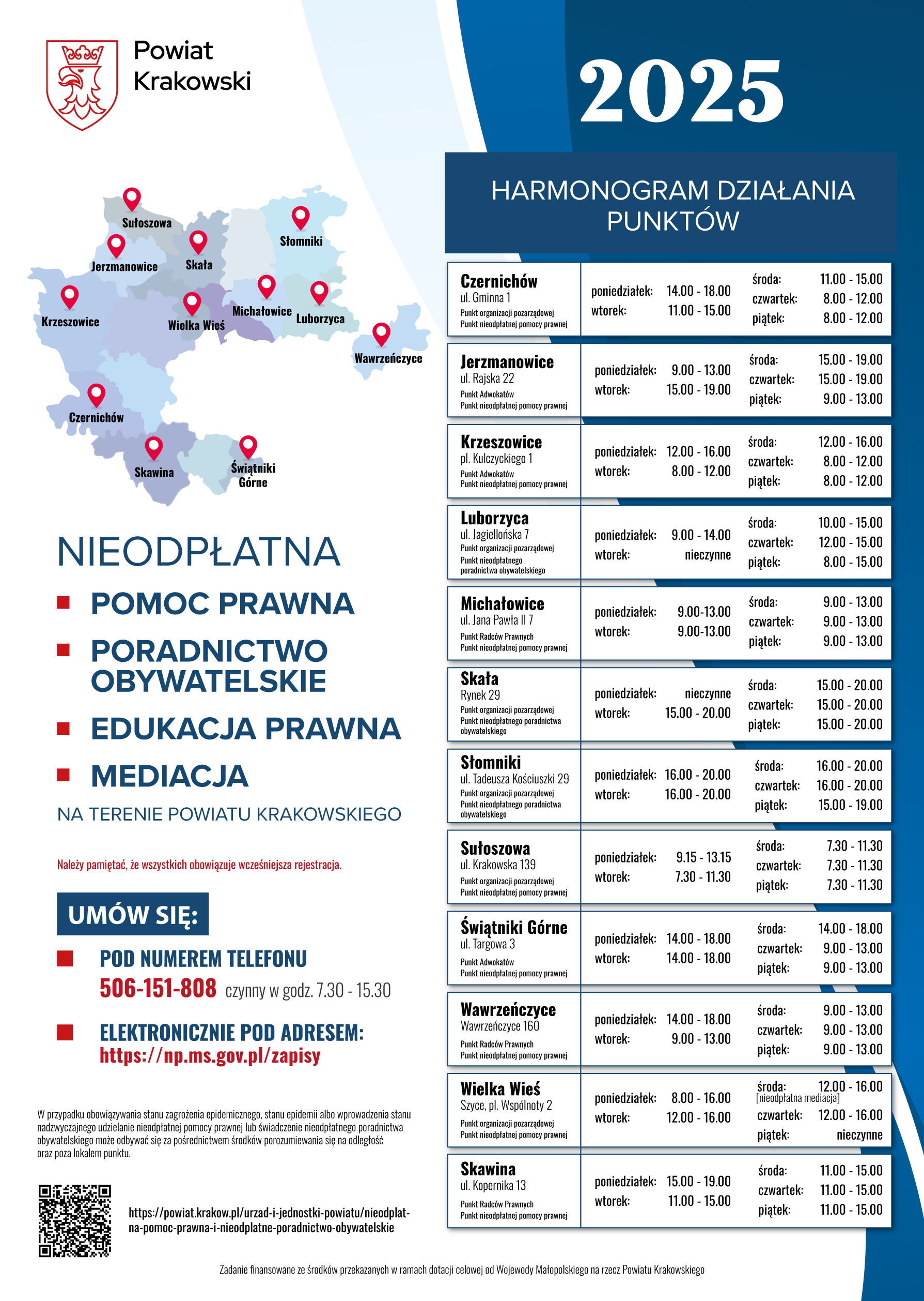Harmonogram działania punktów nieodpłatnej pomocy prawnej i nieodpłatnego poradnictwa obywatelskiego w powiecie krakowskim