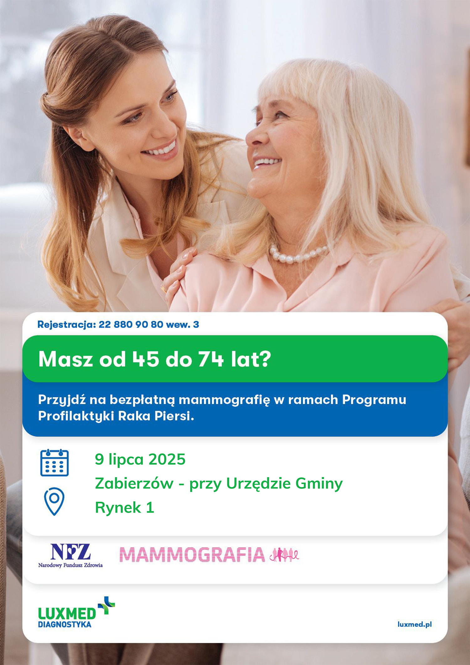 bezpłatna mammografia w Zabierzowie 9 lipca - plakat informacyjny
