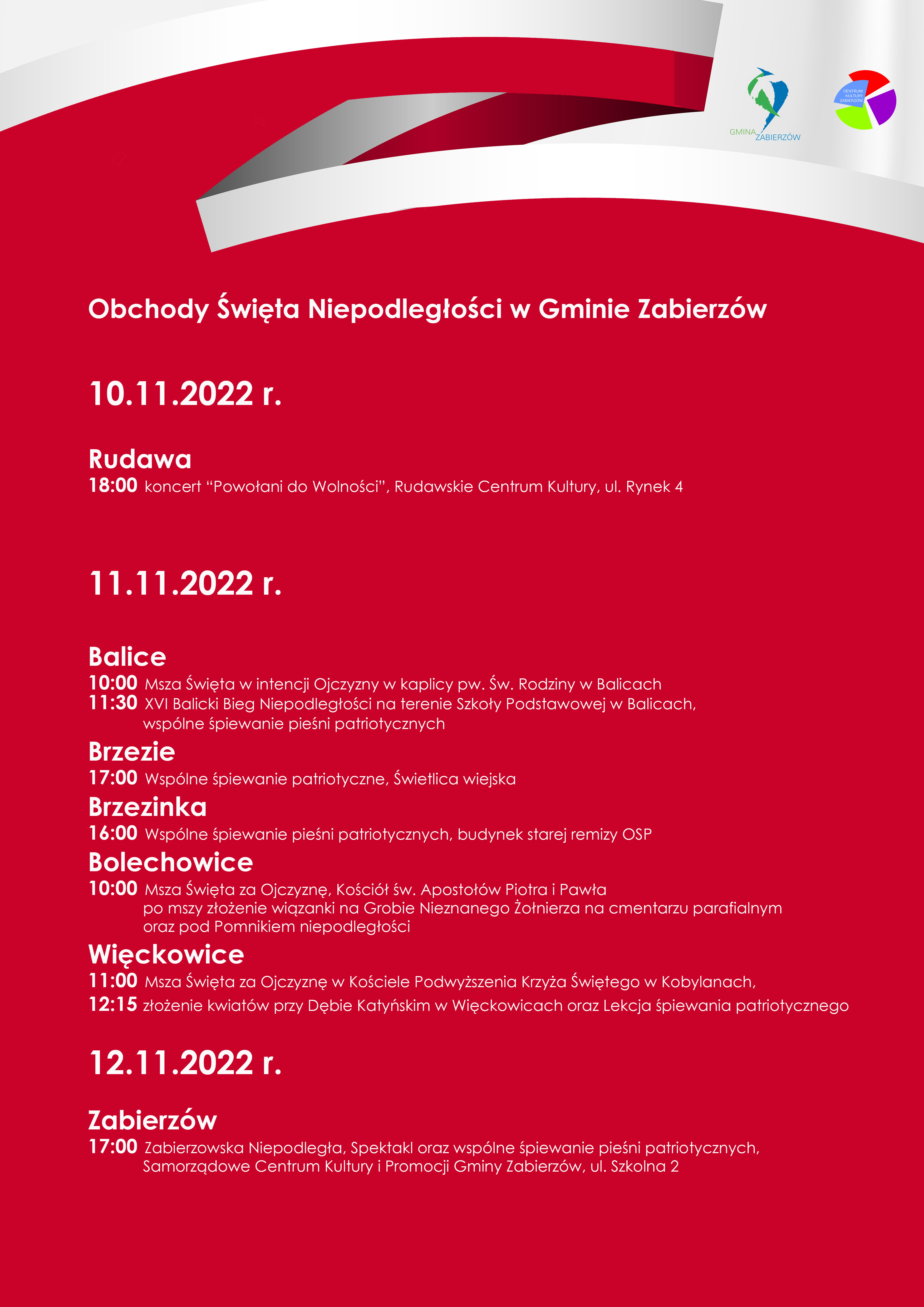 Plakat obchodów święta niepodległości w&nbsp;gminie Zabierzów