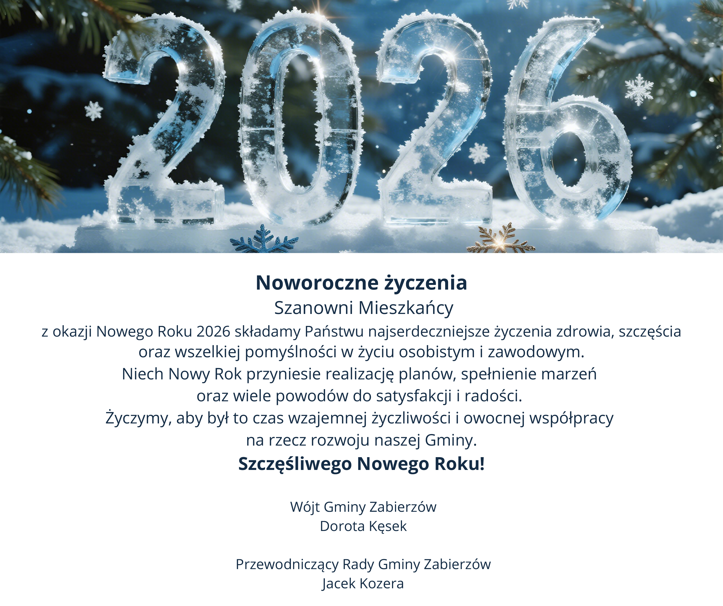 Noworoczne życzenia Noworoczne życzenia od Wójta Gminy Zabierzów oraz Przewodniczącego Rady Gminy Zabierzów na rok 2026