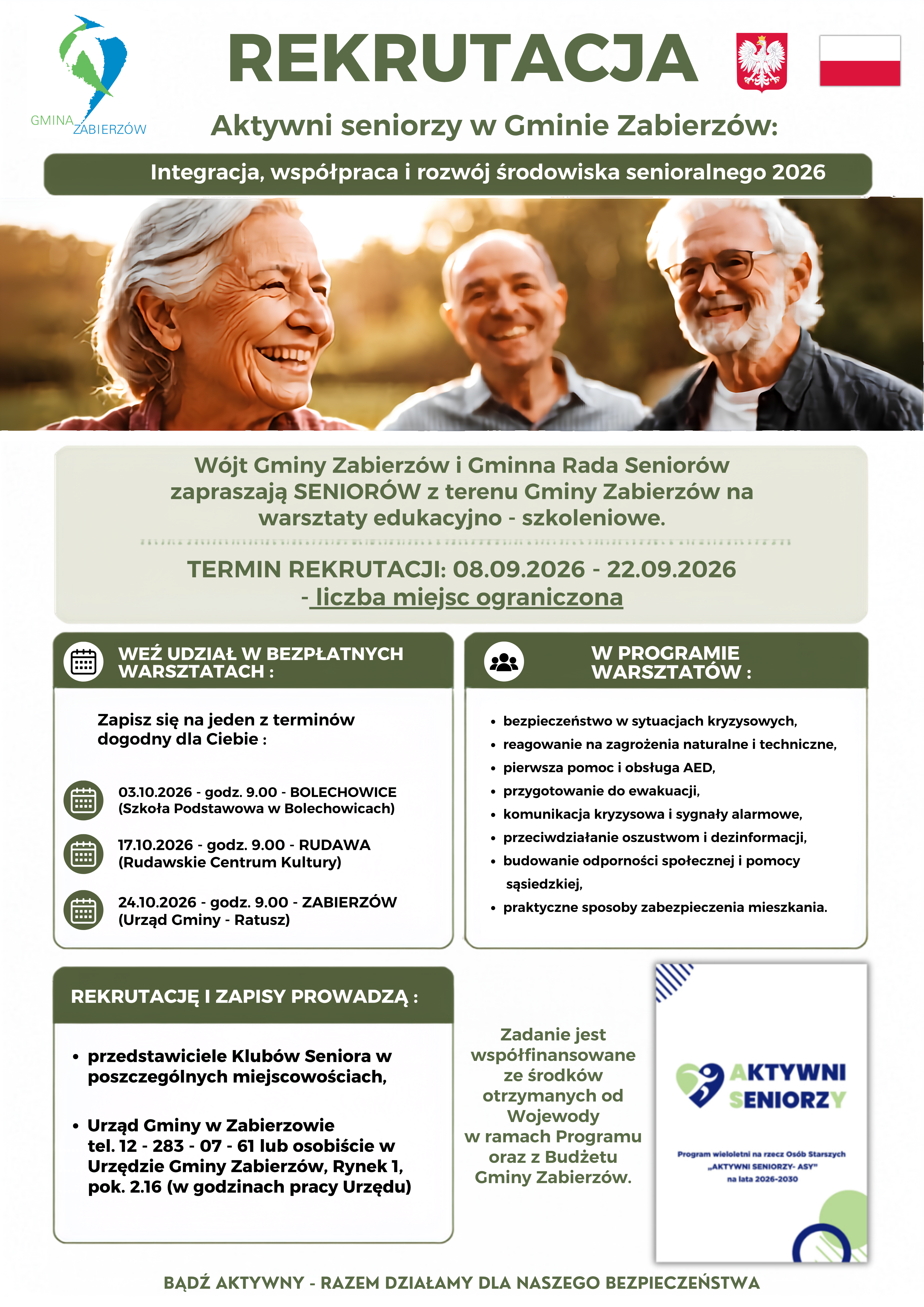 Plakat informujący o rekrutacji do Projektu Aktywni seniorzy w Gminie Zabierzów 