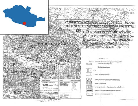 Mapa: Miejscowy plan zagospodarowania przestrzennego dla działek nr 1410/7, 1410/3, 1410/2, 1410/6, 1411/1 w Zabierzowie ("Plan Wielkie Pola"). Plan obowiązuje od dnia 14 czerwca 2000 r.