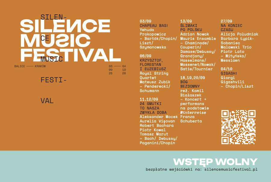Plakat Silence Music Festival Grafika przedstawia plakat wydarzenia Silence Music Festival wraz z harmonogramem zaplanowanych koncertów oraz informacją o bezpłatnych wejściówkach możliwych do zdobycia.