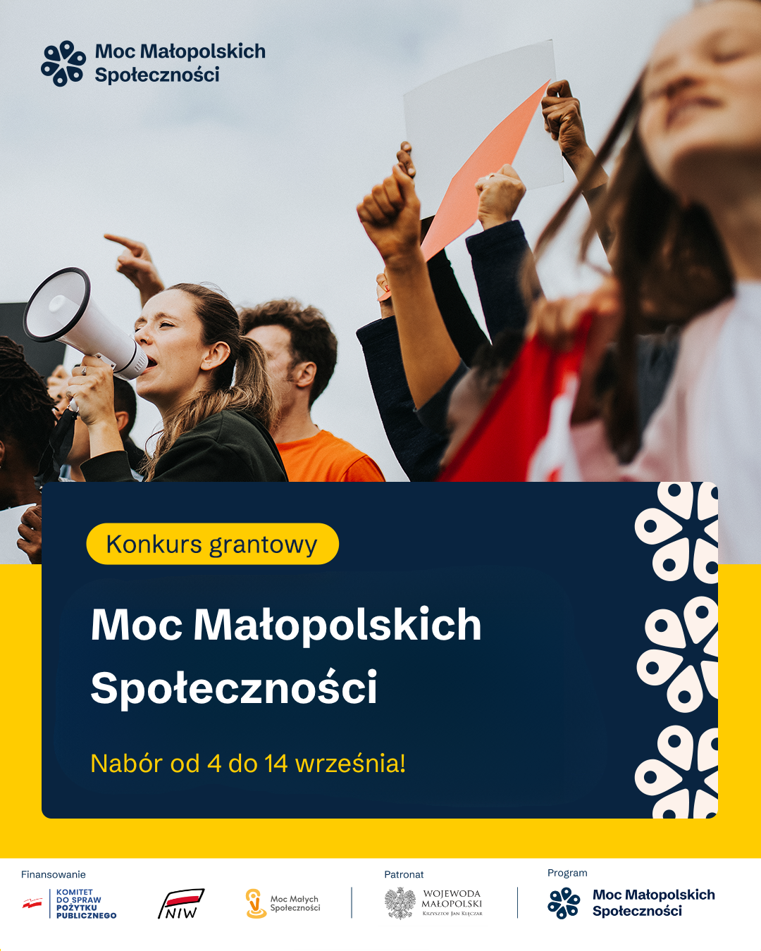 Moc Małopolskich Społeczności - Infografika Infografika informująca o naborze w konkursie grantowym, finansowaniu konkursu, patronatach i programie