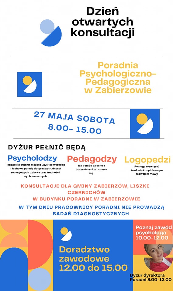 Plakat. Dzień otwartych konsultacji  w Poradni Psychologiczno-Pedagogicznej w Zabierzowie