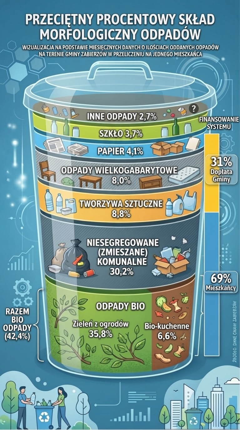 Infografika "Przeciętny procentowy skład morfologiczny odpadów" Infografika "Przeciętny procentowy skład morfologiczny odpadów"