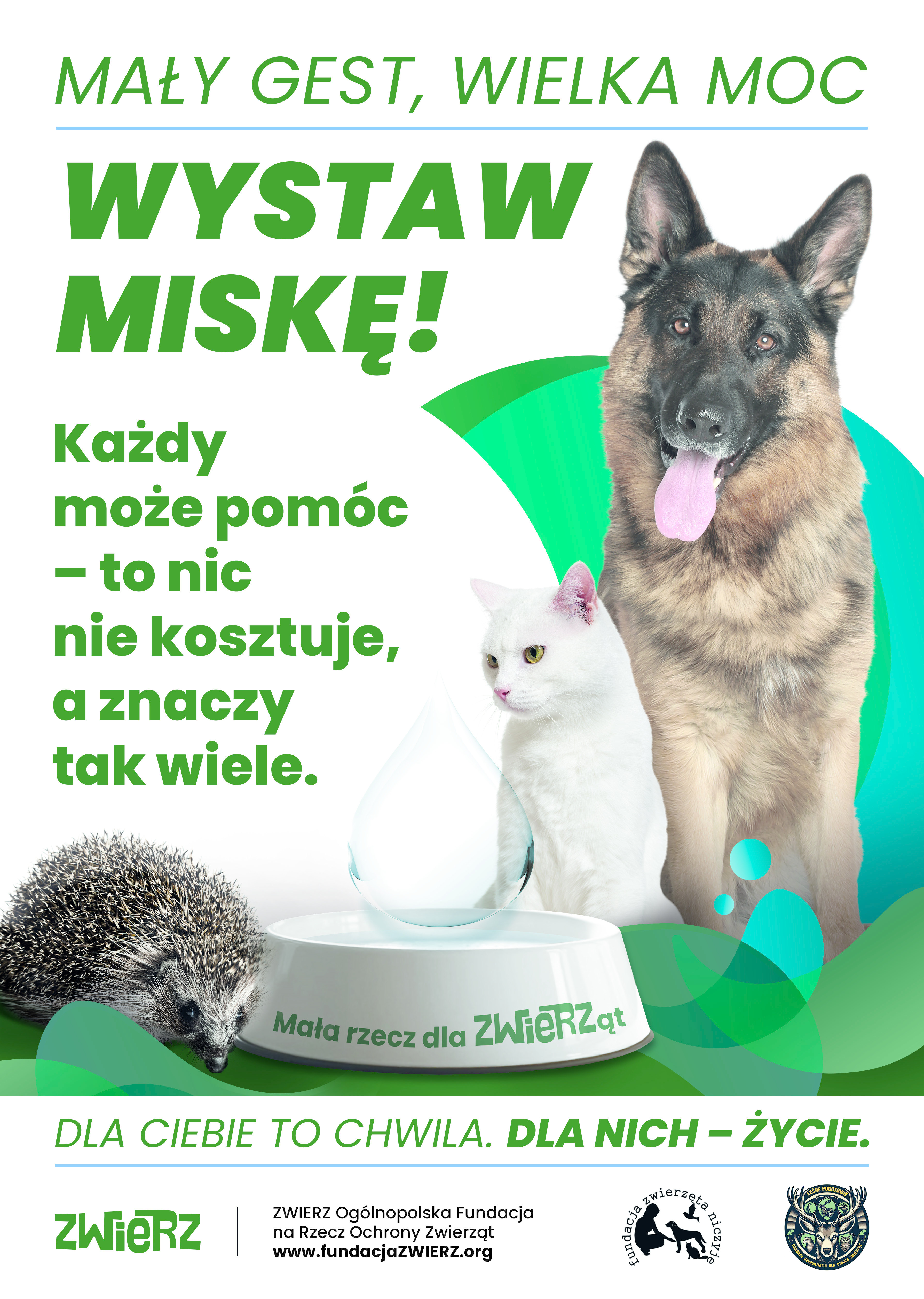 Grafika przedstawia plakat zachęcający do zostawienia miski z wodą dla zwierząt